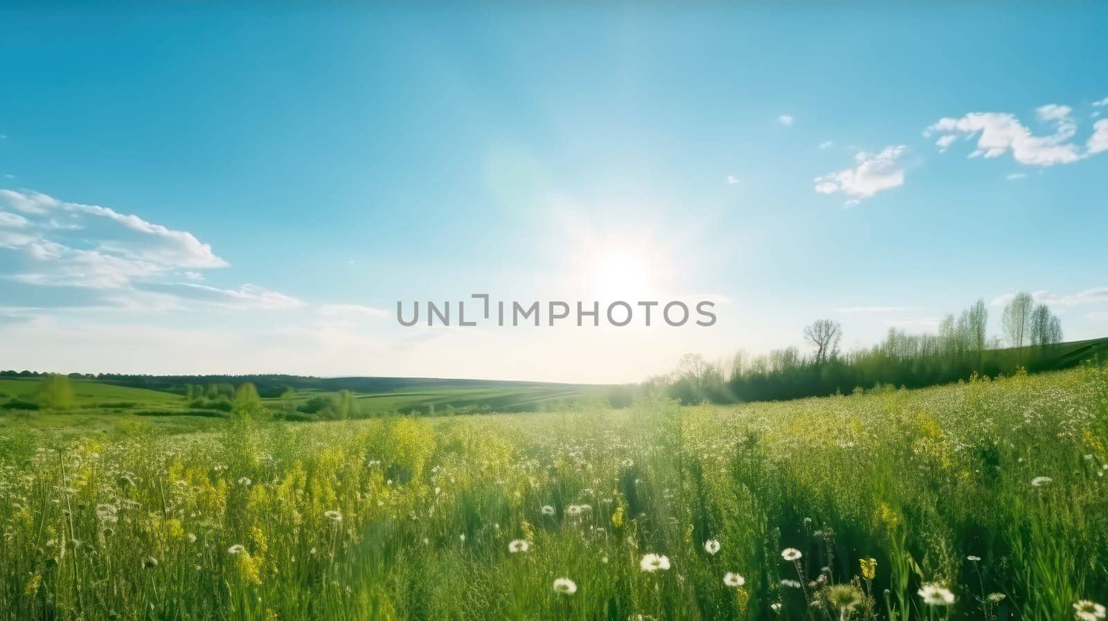This breathtaking 8k panoramic landscape features a stunning green field filled with lush grass and colorful flowers, set against a bright blue sky with warm sunrays peeking through the clouds. The spring/summer season brings a beautiful blurred background and a sense of tranquility to this natural oasis.