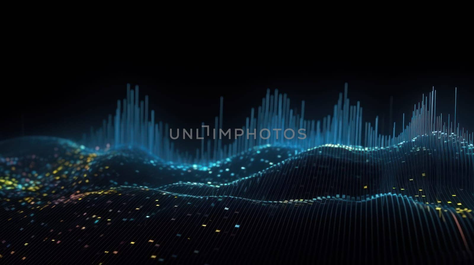 This photo features an abstract background with a flowing stream of musical notes interweaving with dots, creating a stunning visual representation of big data. The 3D rendering and professional color grading give the image a futuristic and high-tech look. It represents the combination of music and technology, and the power of data visualization.