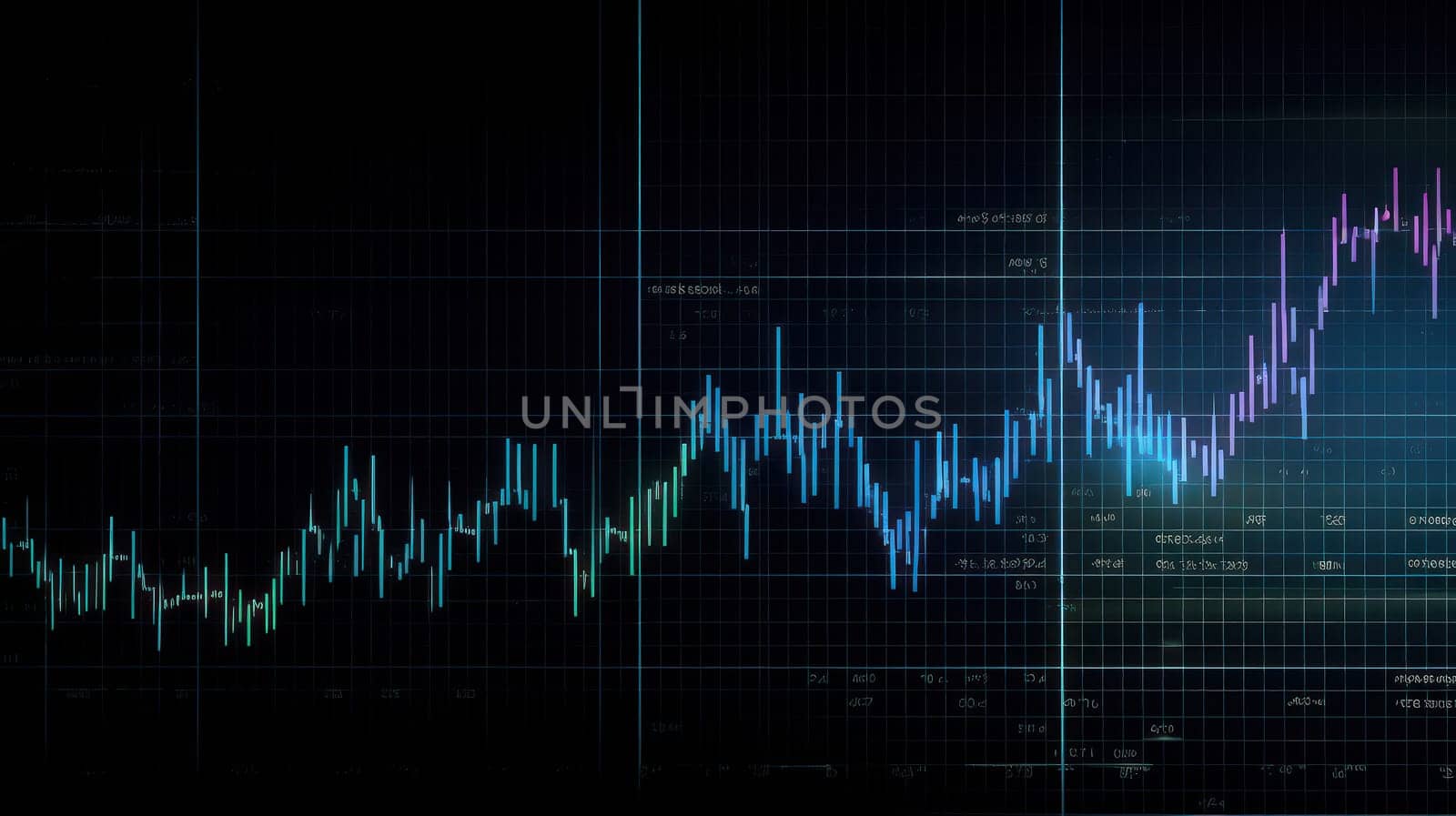 A high-resolution digital graphics stock chart displaying a matrix of data points, numbers, and symbols. The chart features a black background with green, blue, and red colors representing different market trends. This 4K image is perfect for financial presentations, data analysis, and stock market reports.
