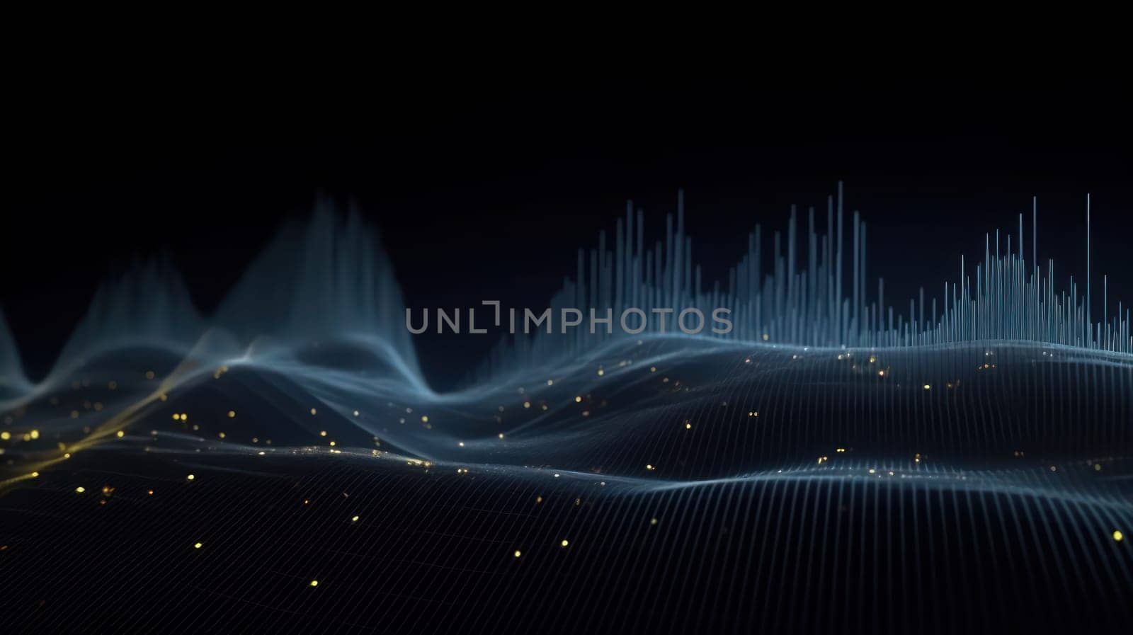 A 3D rendering of an abstract background with dots interweaving to create a visual representation of a musical stream of sounds in a big data visualization.