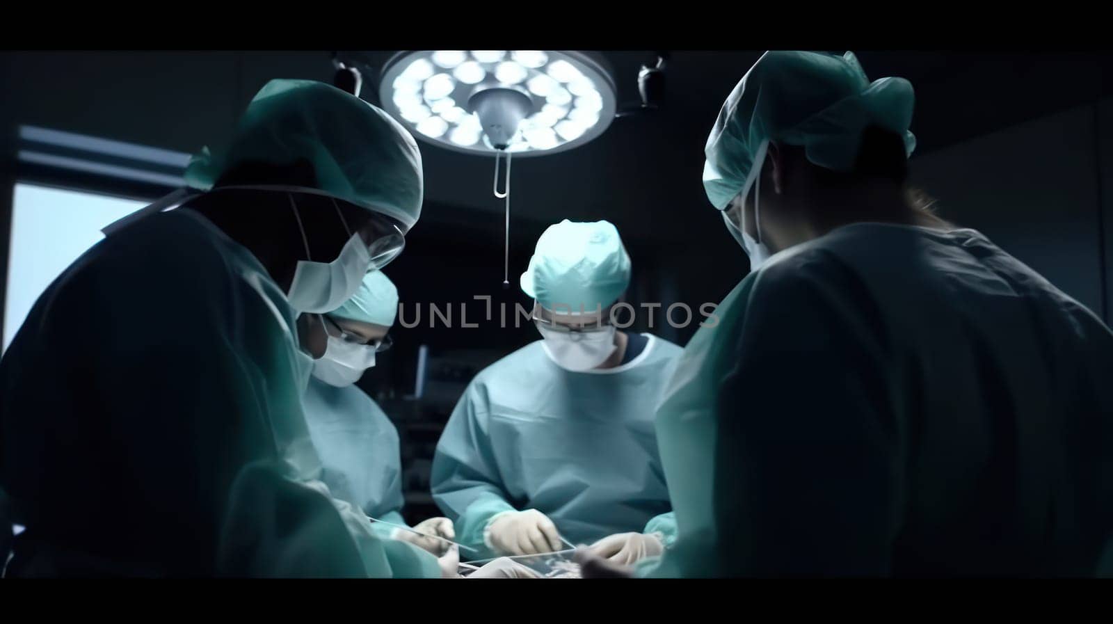 This photo captures a surgical team in action, working with precision and focus to perform a delicate procedure. The team is shown wearing scrubs, masks, and gloves, with various medical instruments visible in the foreground. The sterile environment and intense concentration on display make for a compelling image of modern medicine.