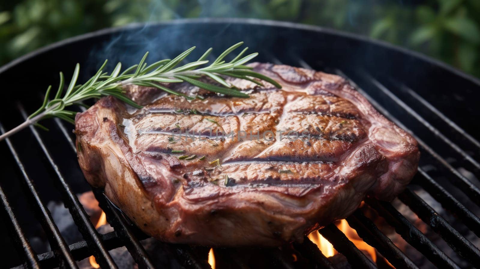 This photo features a juicy beef steak sizzling on the grill, surrounded by aromatic herbs like rosemary and garlic, and topped with a dollop of butter. The outdoor grill is set against a backdrop of lush greenery and a clear blue sky, creating a warm and inviting atmosphere. The steak is perfectly cooked, with a charred exterior and a tender, pink interior that will make your mouth water.