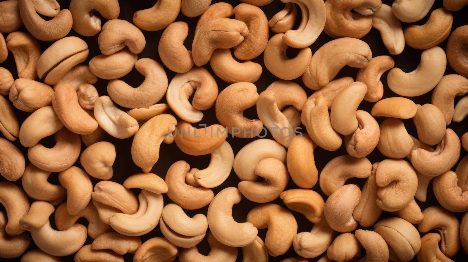 This high-quality photo showcases a top-down view of fresh cashew nuts on a seamless background. Shot with a Hasselblad camera and professional color grading, the image features soft shadows and clean sharp focus, making the nuts look incredibly appetizing. Perfect for food magazine photography, advertising, and commercial purposes, this photo also features copy space for adding text.