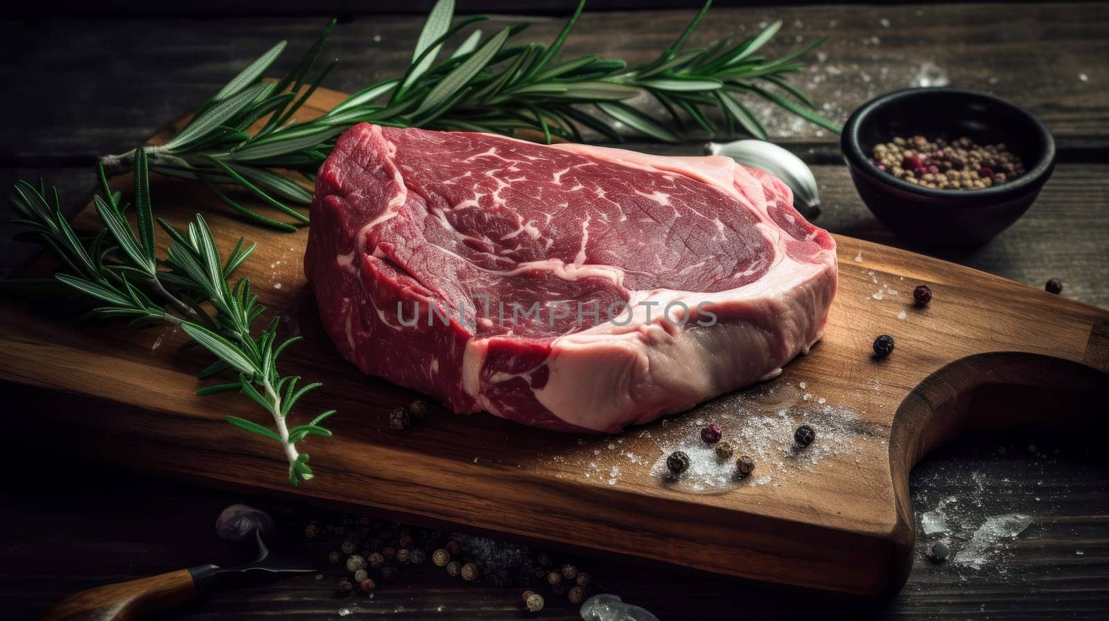 Savoring the Moment: A Mouthwatering Raw Beef Steak on a Wooden Cutting Board