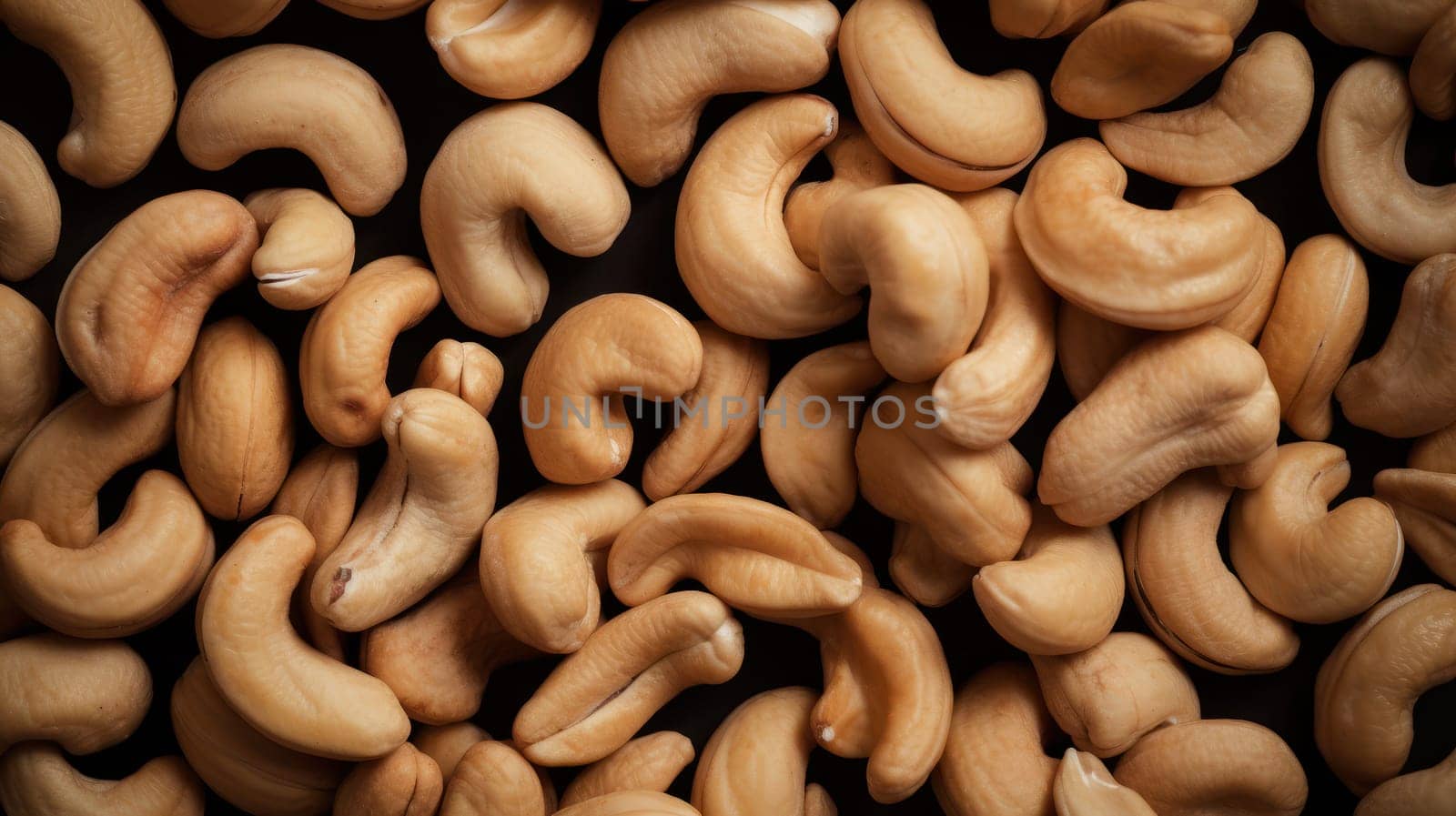 This high-quality photograph showcases a top-down view of fresh cashew nuts on a seamless background. The shot was taken using a Hasselblad camera with ISO 100, and features professional color grading, soft shadows, clean sharp focus, and high-end retouching. Perfect for food magazine photography, advertising, and commercial photography, the image also offers ample copy space for text overlays. The natural beauty of the cashew nuts is perfectly captured in this award-winning photograph.