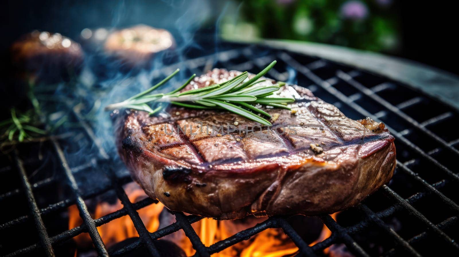 This mouth-watering photo captures the essence of summer grilling, with a juicy beef steak sizzling on the grill, surrounded by fragrant herbs and butter. The outdoor setting is perfect for a summer barbecue, with lush greenery and a clear blue sky above. The lighting is warm and inviting, highlighting the perfectly cooked steak, which is nicely charred on the outside while still tender and pink on the inside.