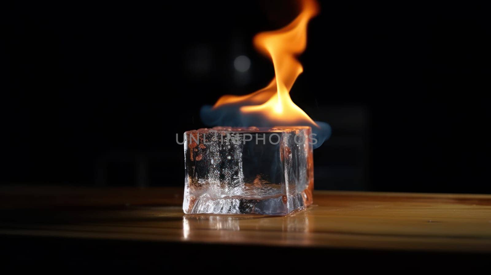 This stunning 8K photograph captures the beauty of a burning ice cube on a rough wooden table, surrounded by a pool of water. The dark background adds drama and depth to the image, while the high level of detail showcases the intricate textures of the wood and ice. Shot using high-end photography equipment, this image is perfect for advertising, editorial, or commercial use.