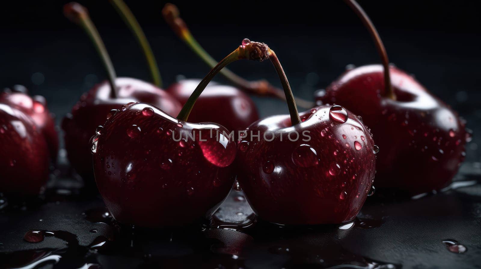 This stunning photograph showcases a handful of fresh dark red cherries, each one adorned with glistening droplets of water, against a seamless background. Shot using a Hasselblad camera and professional techniques, the image features a low angle and highly detailed composition with soft shadows and clean sharp focus. With its high-end retouching and professional color grading, this image is perfect for use in food magazines, advertising, and commercial photography.