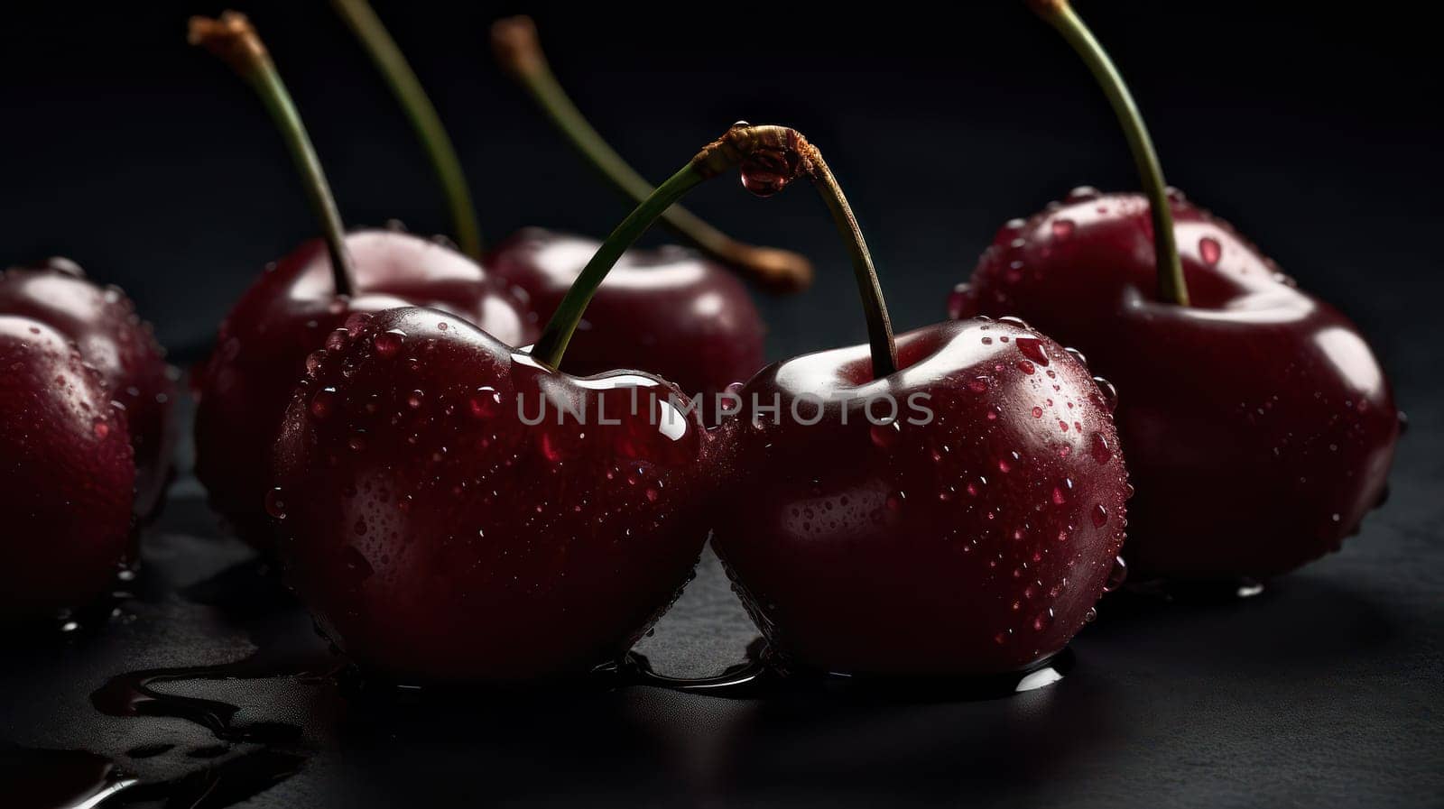 This stunning photo showcases a bowl of ripe and juicy dark red cherries, decorated with glistening droplets of water that add to their freshness and appeal. The low angle of the shot captures every intricate detail, highlighting the smooth and plump texture of each cherry. Shot using a Hasselblad camera with ISO 100, this image boasts professional color grading, soft shadows, clean sharp focus, and high-end retouching, making it perfect for food magazine photography, award-winning photography, advertising photography, and commercial photography. The seamless background adds to the clean and elegant look of the photo.
