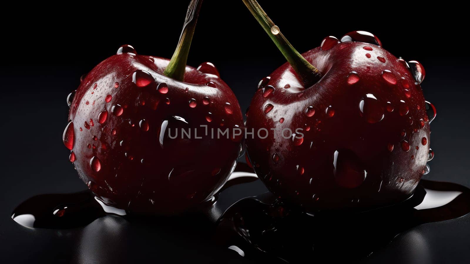 A stunning photo of dark red cherries on a seamless background, adorned with glistening droplets of water. Captured from a low angle, the details are highly detailed and crisp, shot using a Hasselblad camera with ISO 100. The professional color grading creates a warm and inviting tone, while the soft shadows add depth and dimension. The high-end retouching enhances the natural beauty of the cherries, making them even more tempting. Perfect for food magazine, award-winning, advertising, and commercial photography.