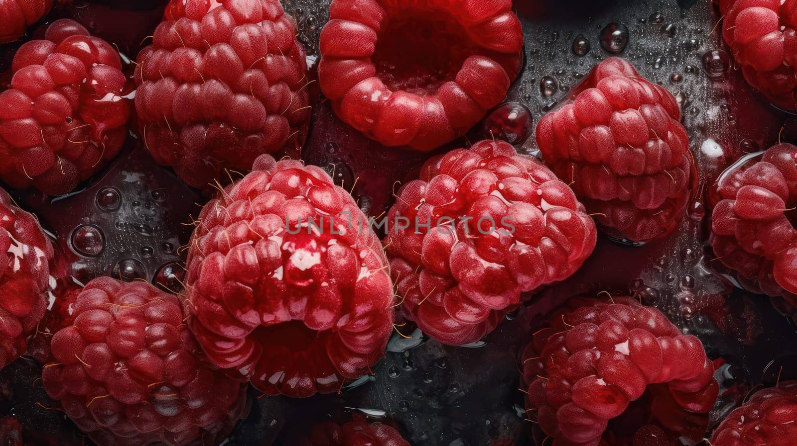 This stunning photograph showcases plump and juicy raspberries, arranged on a seamless background that's adorned with glistening droplets of water. Shot from a low angle, the image captures the intricate details of each raspberry, with soft shadows adding depth and dimension. Shot using a Hasselblad camera and professionally graded for color, the image features clean and sharp focus, highlighting the vibrant hues and natural textures of the fruit. This award-winning image is ideal for food magazine photography, advertising, and commercial use.