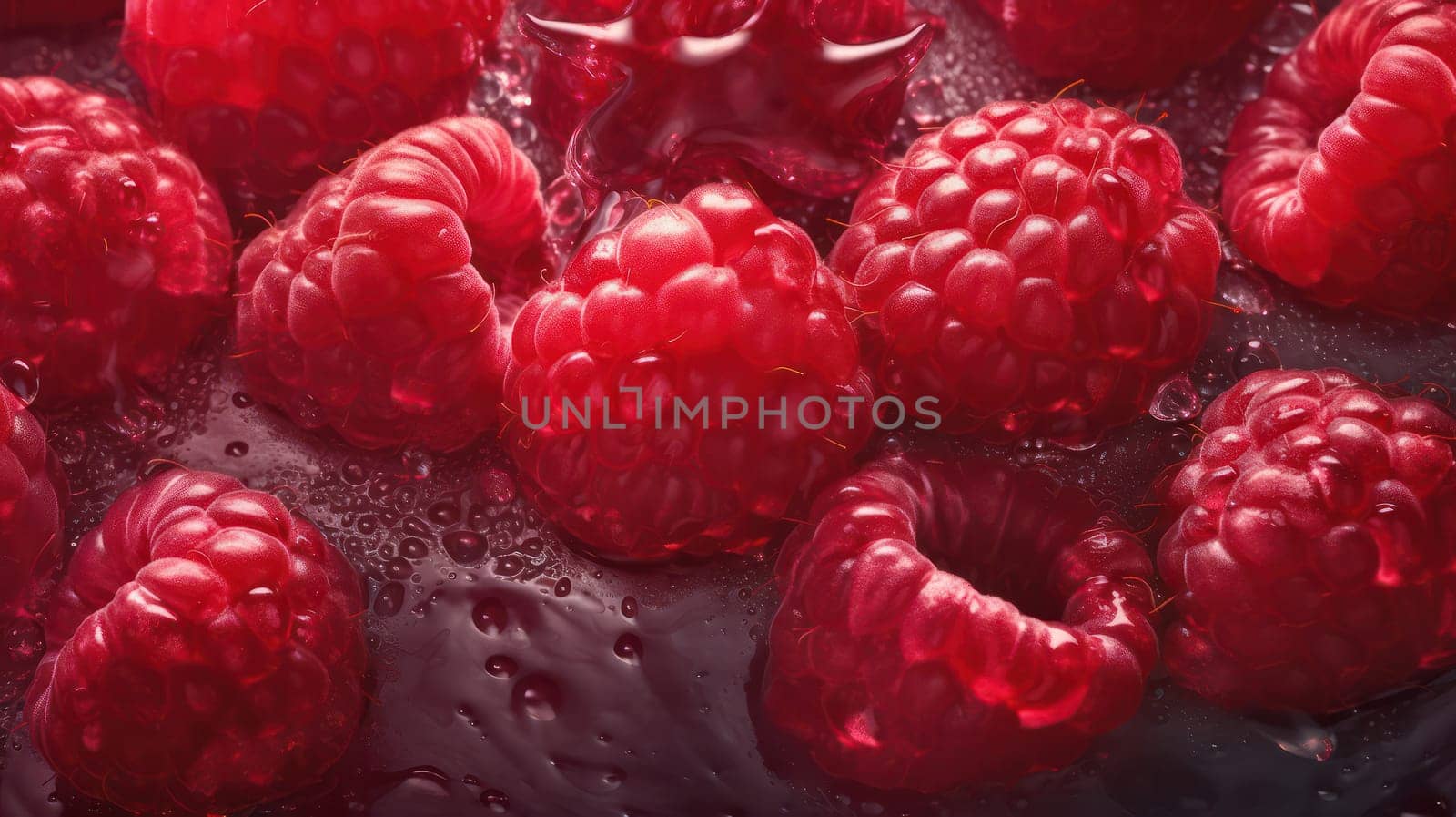 This photo showcases a bunch of fresh raspberries, beautifully captured in a low angle shot. The seamless background, adorned with glistening droplets of water, adds to the overall appeal of the image. Shot using a Hasselblad camera, the photo boasts a highly detailed, clean and sharp focus. The soft shadows and professional color grading create a sense of depth, making the raspberries look more luscious and vibrant. This photo is perfect for food magazine, award-winning, advertising and commercial photography.