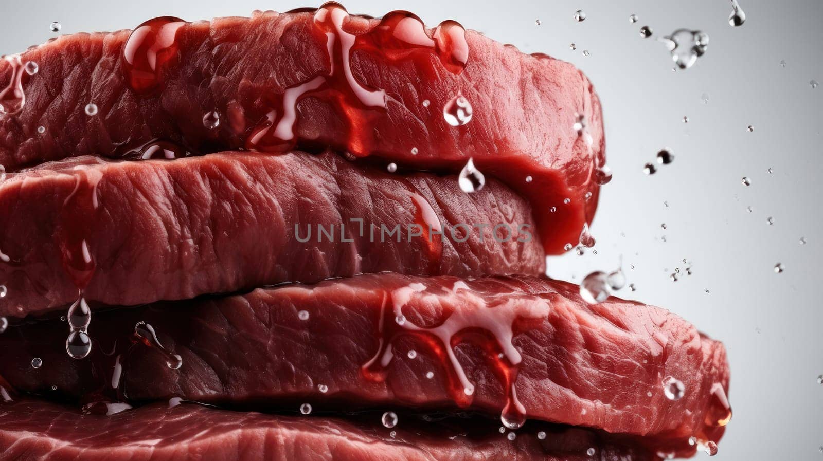 A visually stunning image of a high stack of raw beef steaks on a transparent background. The shot was captured using a Hasselblad camera with ISO 100 and has been expertly color graded for a professional finish. Soft shadows create depth and dimension, while clean, sharp focus draws attention to the details of the pepper. The high-quality retouching enhances the overall image, making it perfect for food magazine photography, award-winning advertising, and commercial projects.