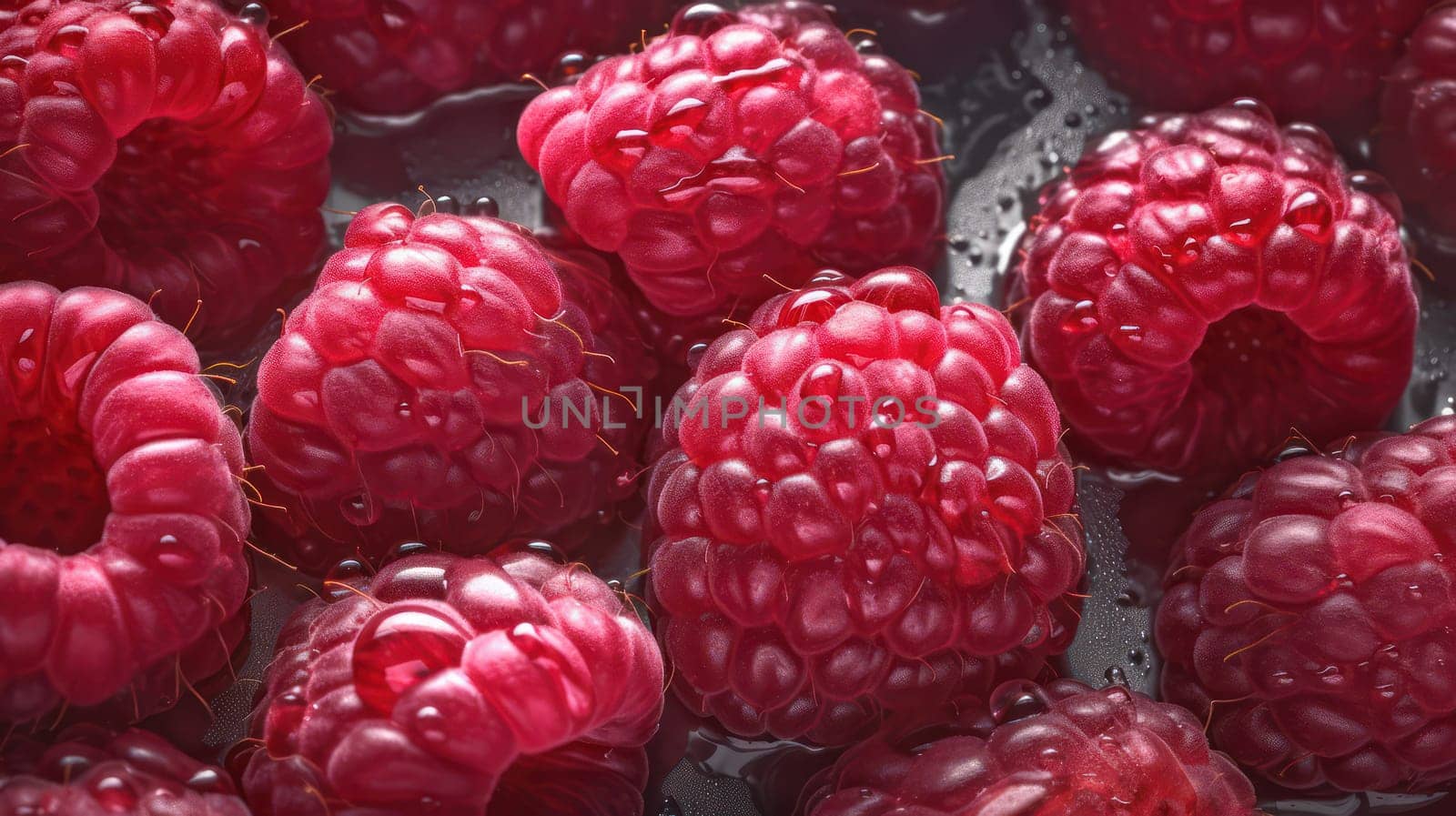 This photo captures the beauty of raspberries with droplets of water glistening on their surface. The seamless background and low angle shot provide a highly detailed and visually appealing image. Shot with a Hasselblad camera and expertly color graded, this image showcases clean, sharp focus and soft shadows. Perfect for use in food magazines, award-winning photography, advertising, and commercial photography.
