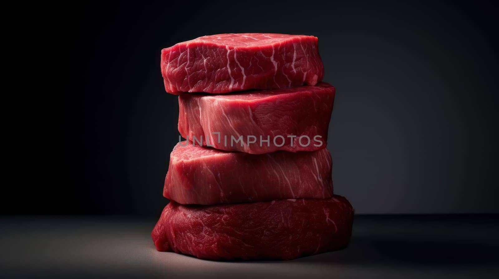 This photo features a mouth-watering high stack of raw beef steaks, captured with a Hasselblad camera using ISO 100. Expert color grading adds a professional finish, while soft shadows create depth and dimension. The clean, sharp focus draws attention to the details of the meat, and high-quality retouching enhances the overall image. The transparent background allows for versatile use in food magazine photography, award-winning advertising, and commercial projects.