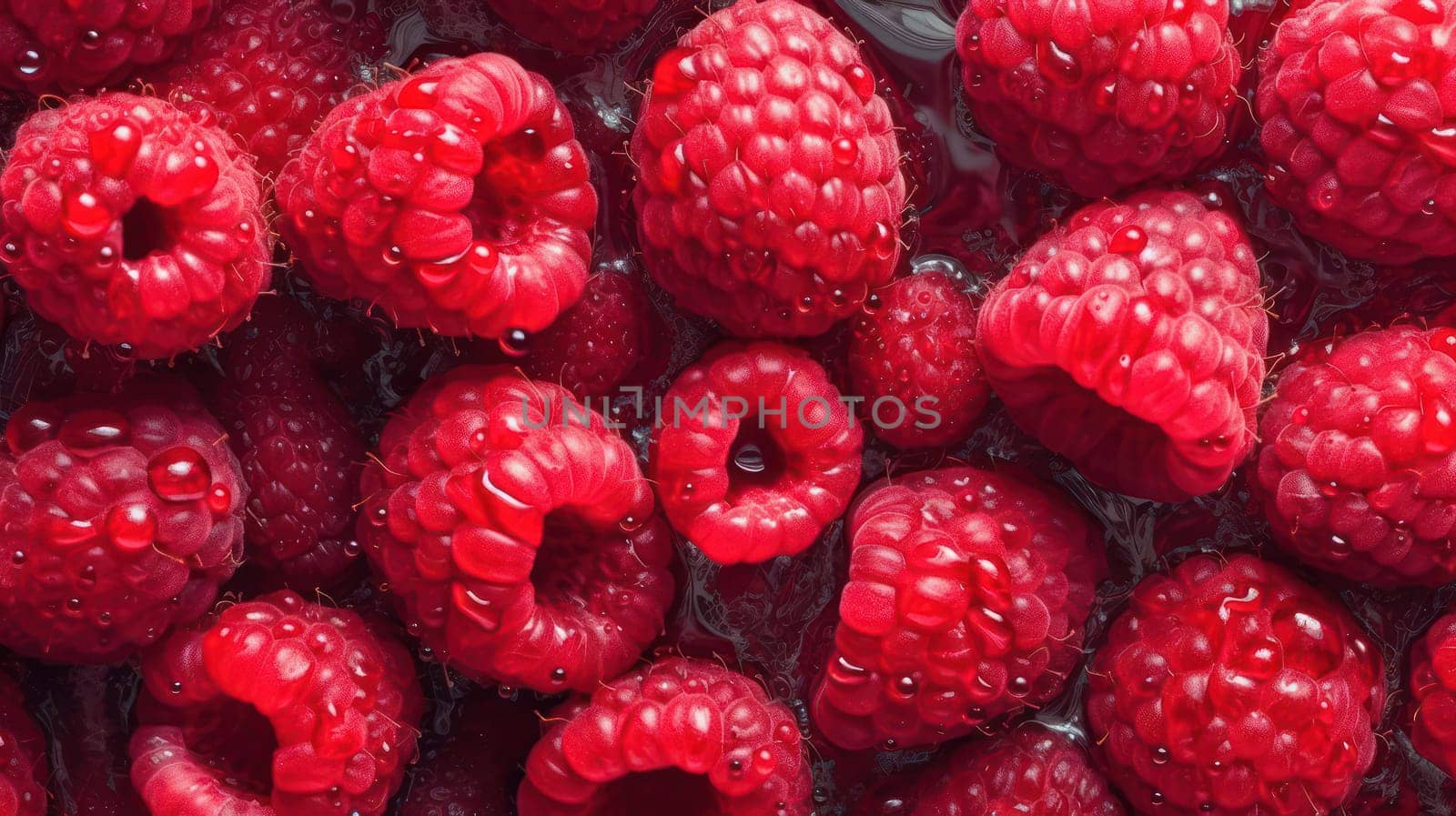 This photograph captures the natural beauty and freshness of raspberries, adorned with droplets of water that glisten in the light. Shot using a Hasselblad camera with ISO 100, the image is highly detailed and features a seamless background. The low angle shot and professional color grading create a visually stunning image, with soft shadows that add depth and dimensionality. This high-end retouched photograph is perfect for use in food magazines, award-winning photography, advertising, and commercial purposes. The 16:9 aspect ratio makes it ideal for use in digital media.