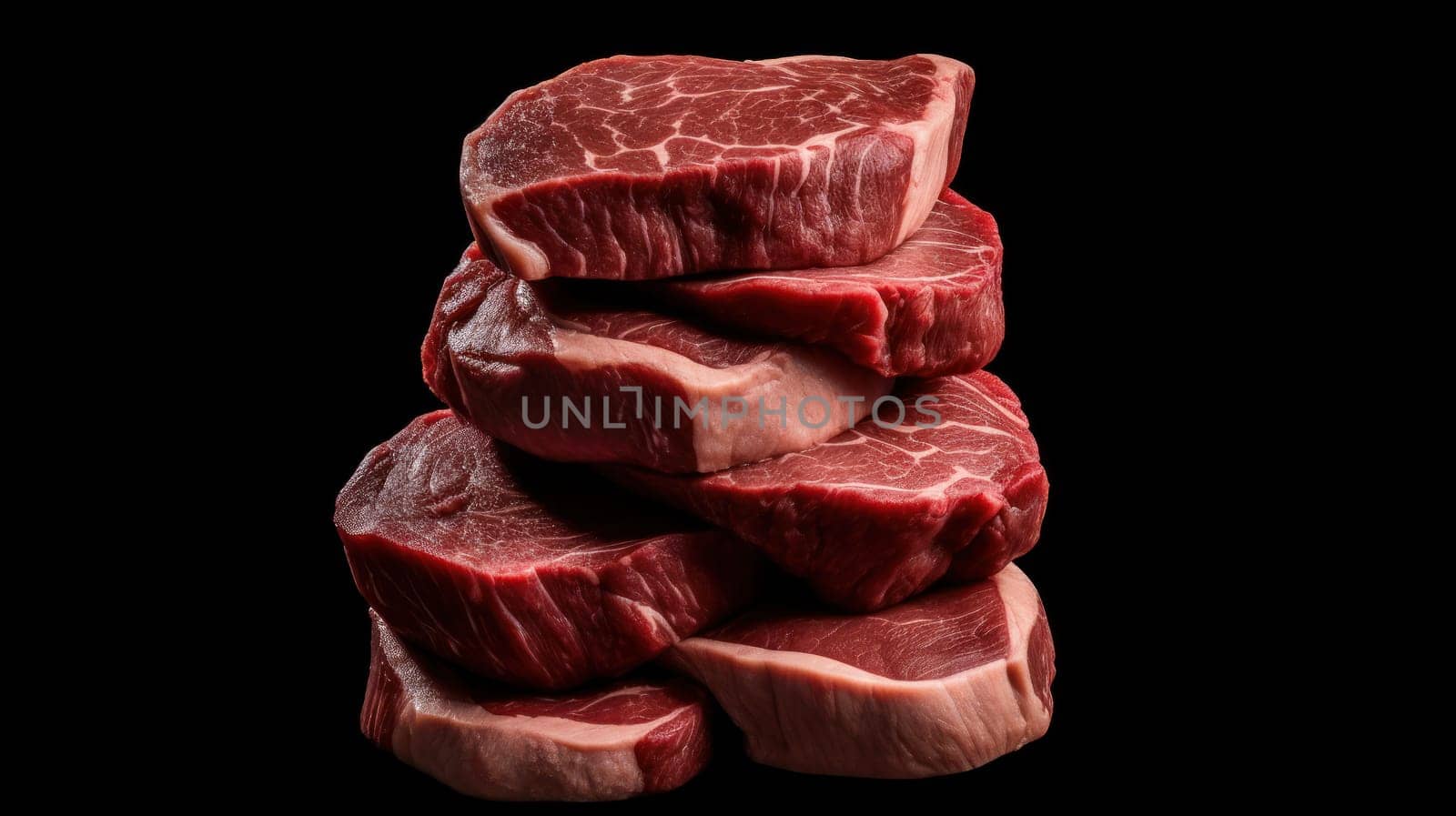 This stunning photo showcases a high stack of fresh, raw beef steaks, expertly captured using a Hasselblad camera with ISO 100. The transparent background adds a contemporary touch to this classic image. The expert color grading brings out the rich hues and textures of the meat, while soft shadows create depth and dimension. The clean, sharp focus highlights the intricate details of the meat, making it the perfect choice for food magazine photography, award-winning advertising, and commercial projects.