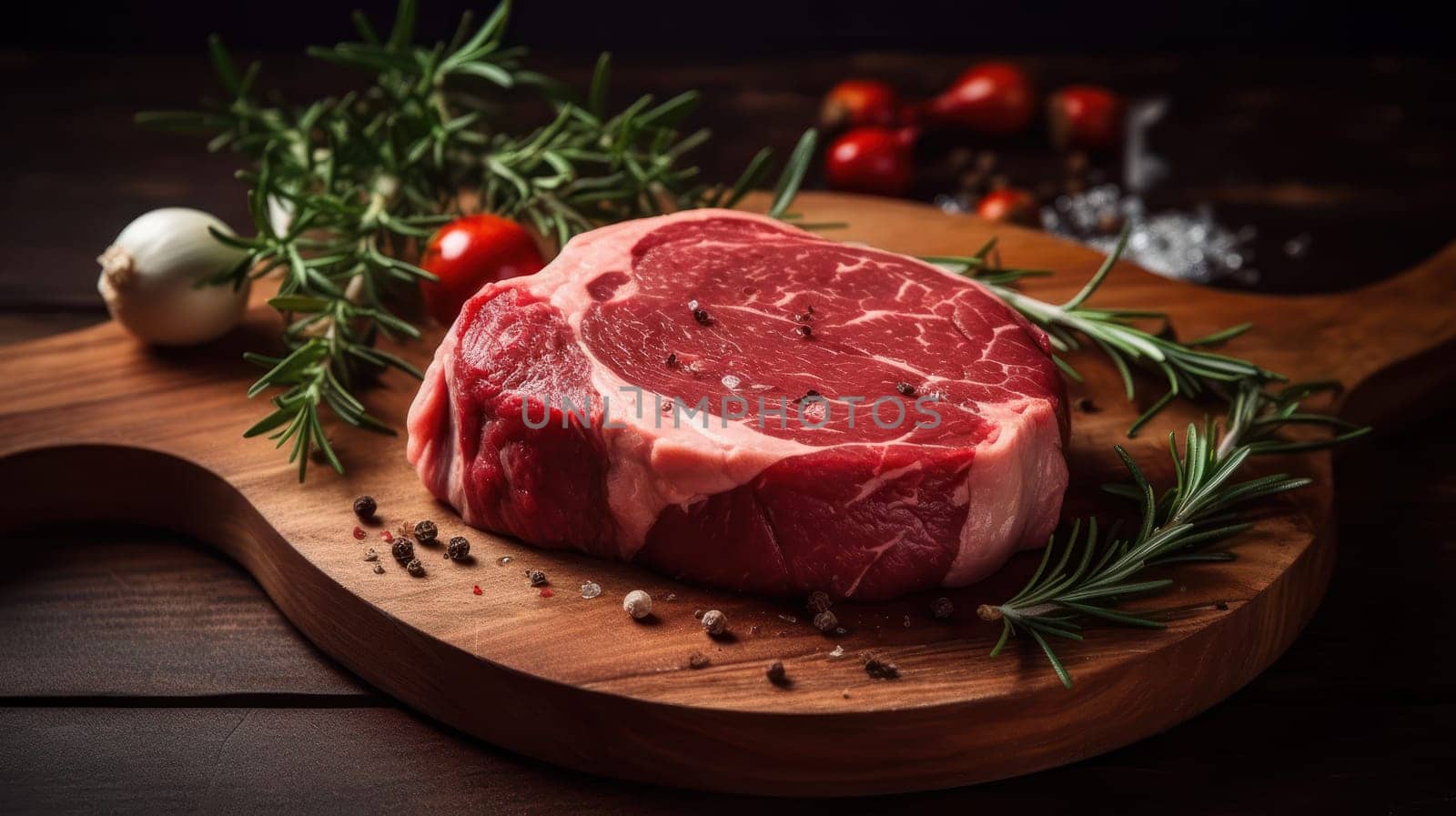 Savoring the Moment: A Mouthwatering Raw Beef Steak on a Wooden Cutting Board