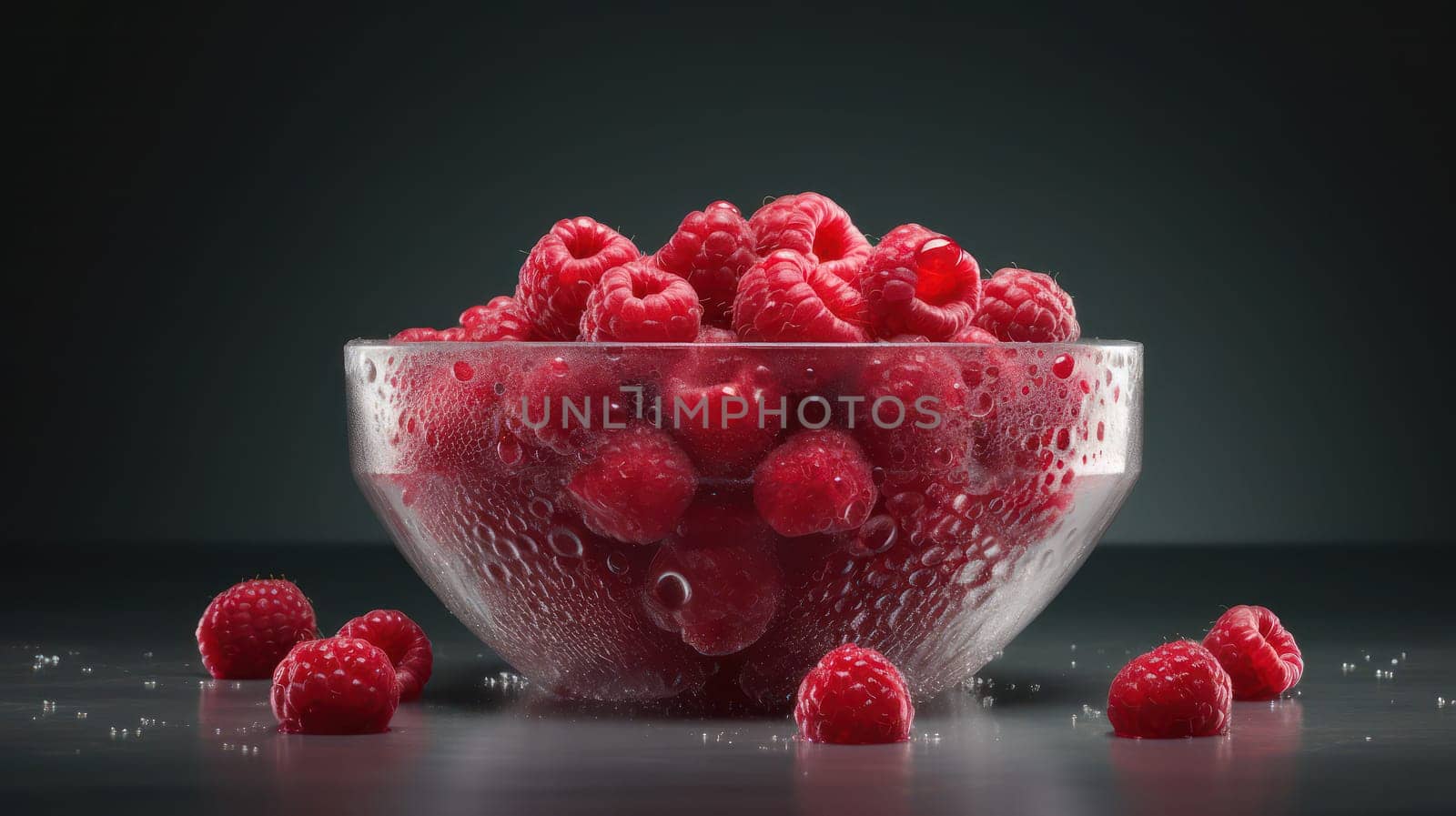 This photograph features a mouth-watering display of raspberries in a bowl, perfectly ripe and adorned with glistening droplets of water. Captured from a low angle and shot with a Hasselblad camera at ISO 100, the image boasts highly detailed textures and professional color grading. The soft shadows and clean, sharp focus draw the viewer's eye to the delicious berries, while the high-end retouching adds an extra level of polish. This stunning food magazine photography is sure to make your taste buds tingle, and is also suitable for award-winning advertising and commercial campaigns.