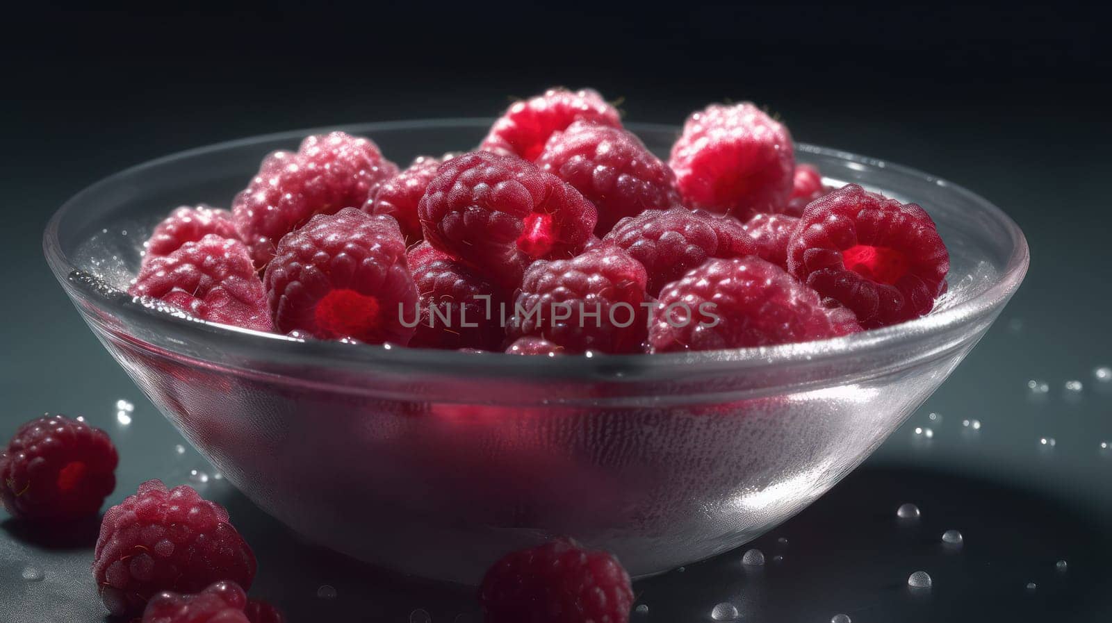 This stunning food photograph showcases a bowl of ripe raspberries, perfectly arranged and adorned with glistening droplets of water. The seamless background and low angle of the shot create a highly detailed and visually appealing image. Shot using a Hasselblad camera and professionally retouched, this photograph is ideal for food magazines, advertising campaigns, and commercial use.