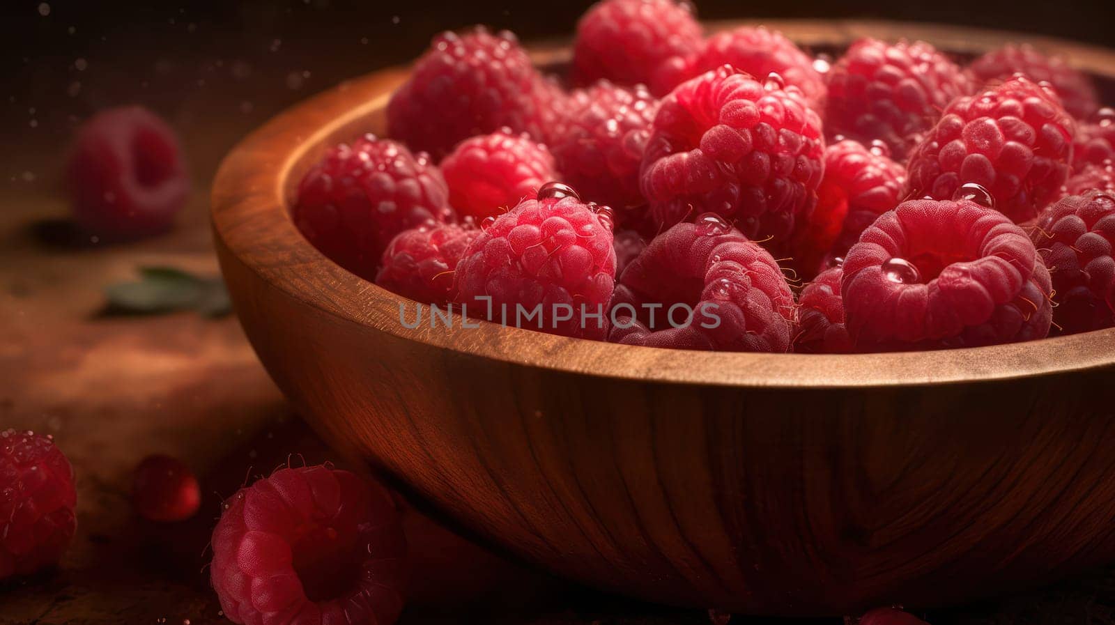 This stunning photograph features a luscious pile of raspberries nestled in a rustic wooden bowl. The seamless background is adorned with glistening droplets of water, adding a touch of freshness to the image. Shot using a Hasselblad camera and ISO 100, the photo boasts highly detailed and sharp focus. The professional color grading and soft shadows create a warm and inviting ambiance. The high-end retouching highlights the natural beauty of the raspberries, making them look even more delectable. This photograph is perfect for food magazine, award-winning, advertising, and commercial photography.