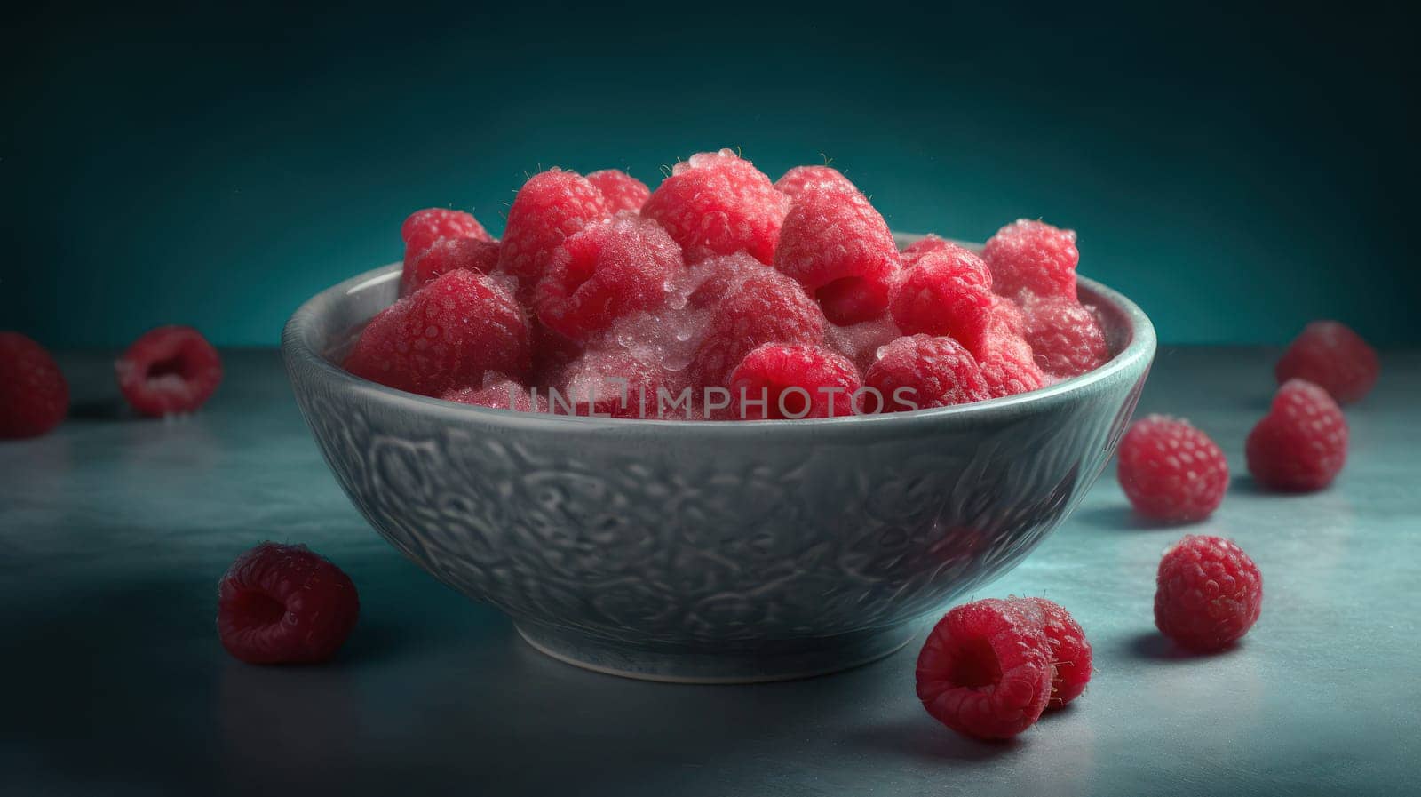 This stunning photo captures the vibrant beauty of ripe raspberries in a bowl, perfectly arranged and glistening with droplets of water. The low angle shot highlights the details of each berry, while the seamless background adds a touch of elegance. Shot using a Hasselblad camera with ISO 100, this photo has undergone professional color grading, soft shadows, clean sharp focus, and high-end retouching, making it perfect for food magazine photography, award-winning photography, advertising, and commercial use.