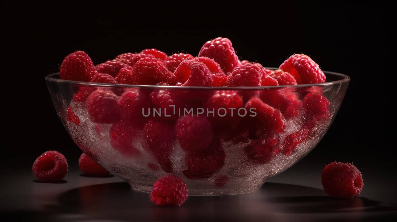 This stunning photograph captures the natural beauty and lusciousness of ripe raspberries. The juicy berries are arranged in a bowl on a seamless background, accentuated by glistening droplets of water. Shot using a Hasselblad camera with professional color grading and high-end retouching, the image features clean sharp focus and soft shadows, enhancing the depth and texture of the berries. This masterpiece of food photography is perfect for food magazines, advertisements, and commercial purposes.