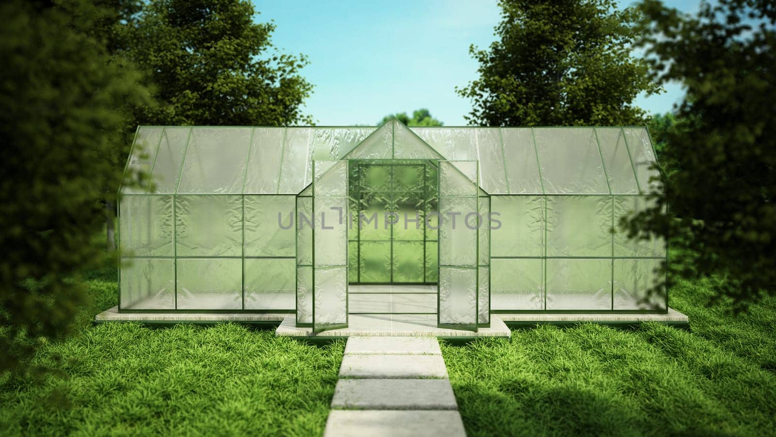 Greenhouse on the garden with green grass and trees. 3D illustration.