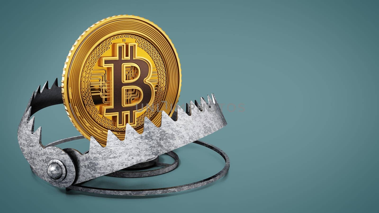 Gold digital coin in ready bear trap. 3D illustration.