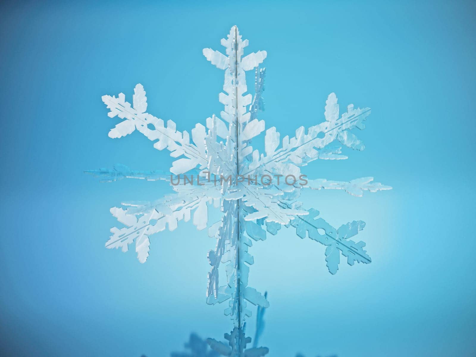Snowflake standing on blue reflective surface. 3D illustration.