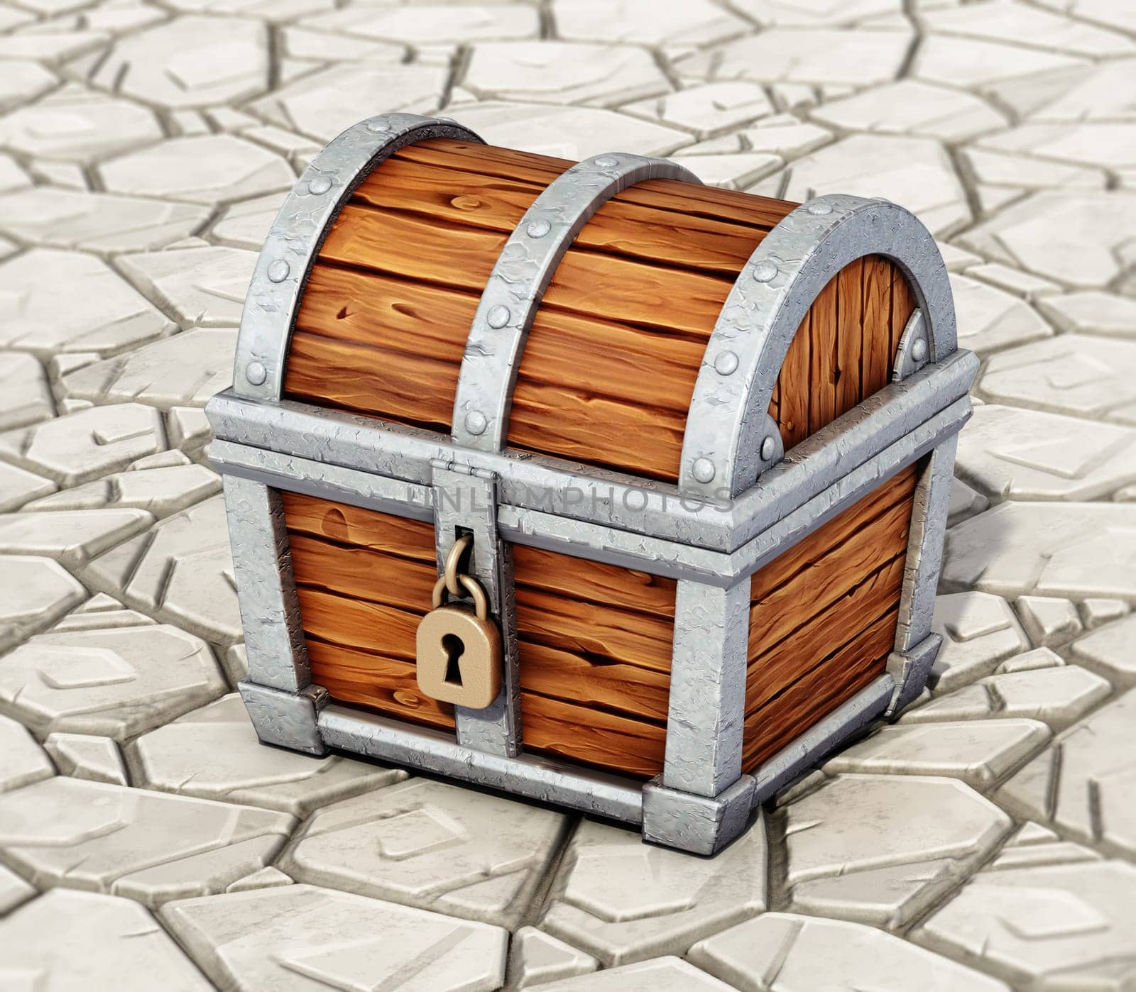 Cartoon treasure chest standing on stone floor. 3D illustration.