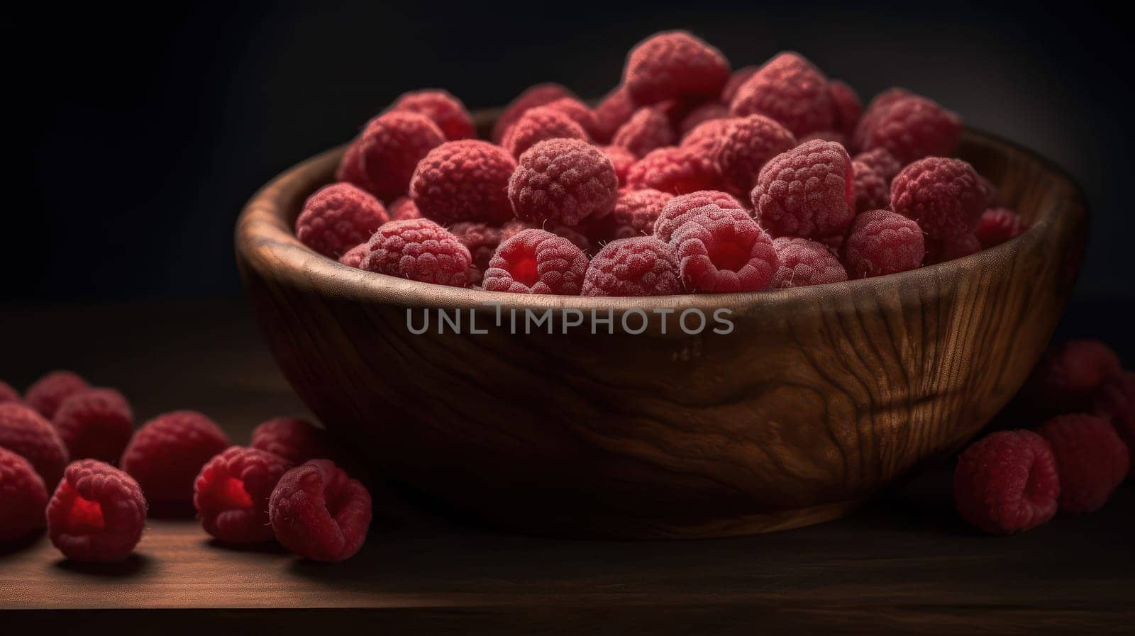 A tantalizing photo of ripe raspberries in a wooden bowl, accentuated with sparkling water droplets on a seamless background. The low angle shot captures the intricate details of the fruit, showcasing their glossy texture and vibrant color. The professional color grading, soft shadows, and high-end retouching make this photo perfect for food magazine photography, advertising, and commercial use. Shot using a Hasselblad camera with ISO 100 and a clean sharp focus.