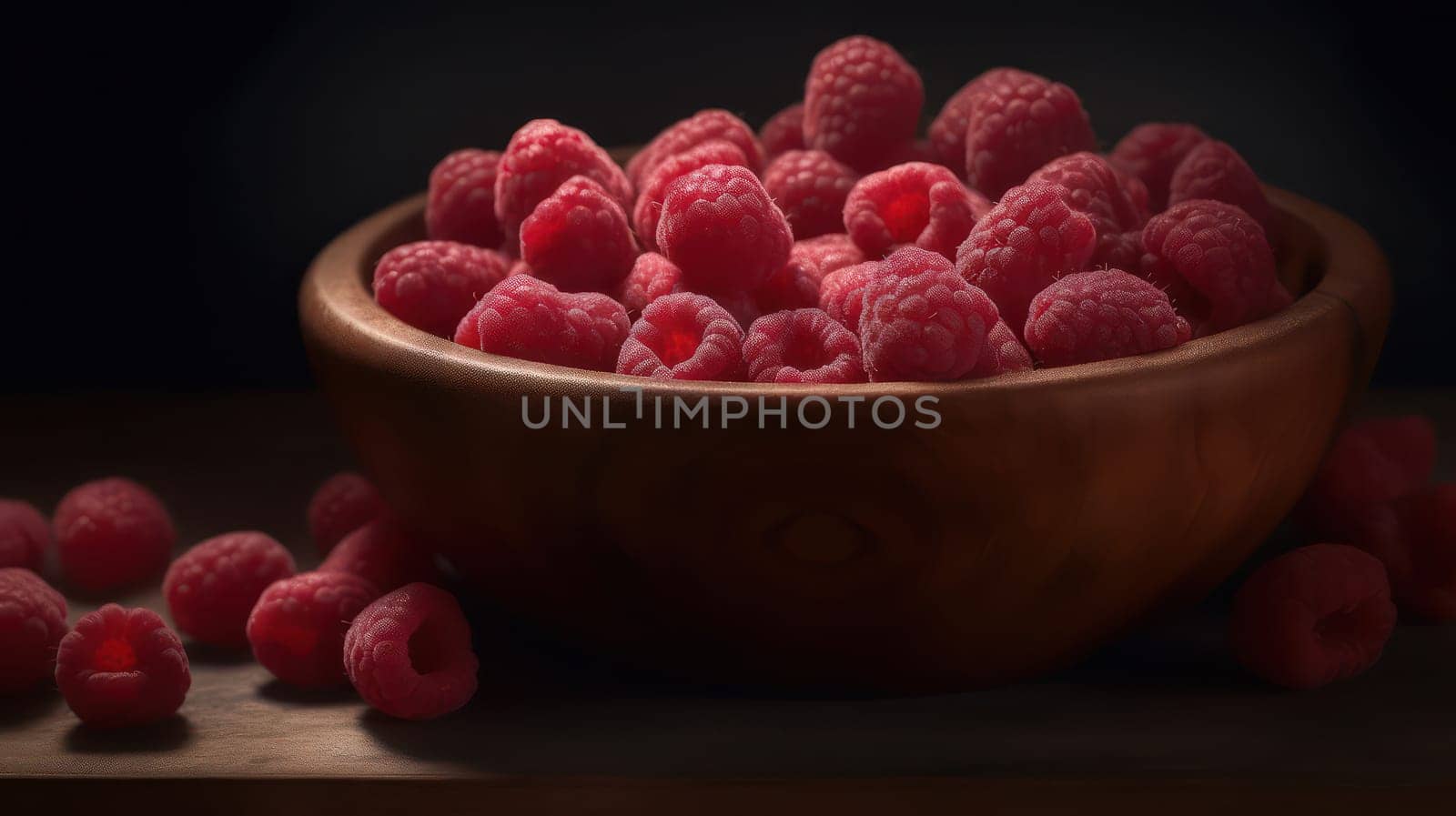 This stunning photograph features a pile of fresh raspberries in a rustic wooden bowl, sitting on a seamless background and adorned with glistening droplets of water. Shot using a Hasselblad camera with ISO 100, the image boasts highly detailed and sharp focus, soft shadows, and professional color grading. Ideal for food magazine photography, award-winning photography, advertising photography, and commercial photography.