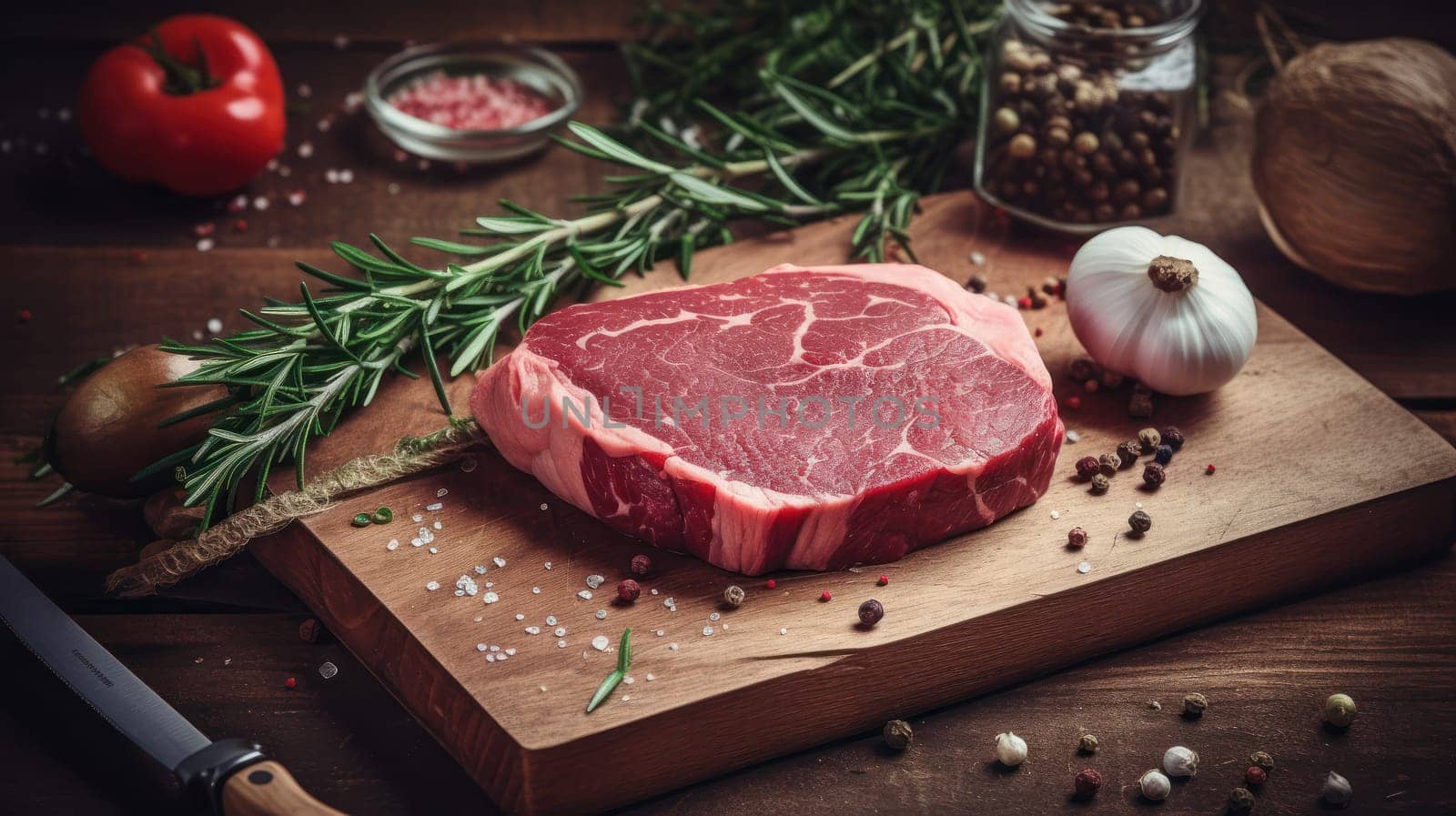 This photo showcases a succulent raw beef steak on a wooden cutting board, surrounded by fresh garlic, rosemary, and thyme. The kitchen is well-lit with natural light, emphasizing the marbling and deep red color of the steak. The photo is high-quality, highlighting the fine details of the ingredients and the steak.
