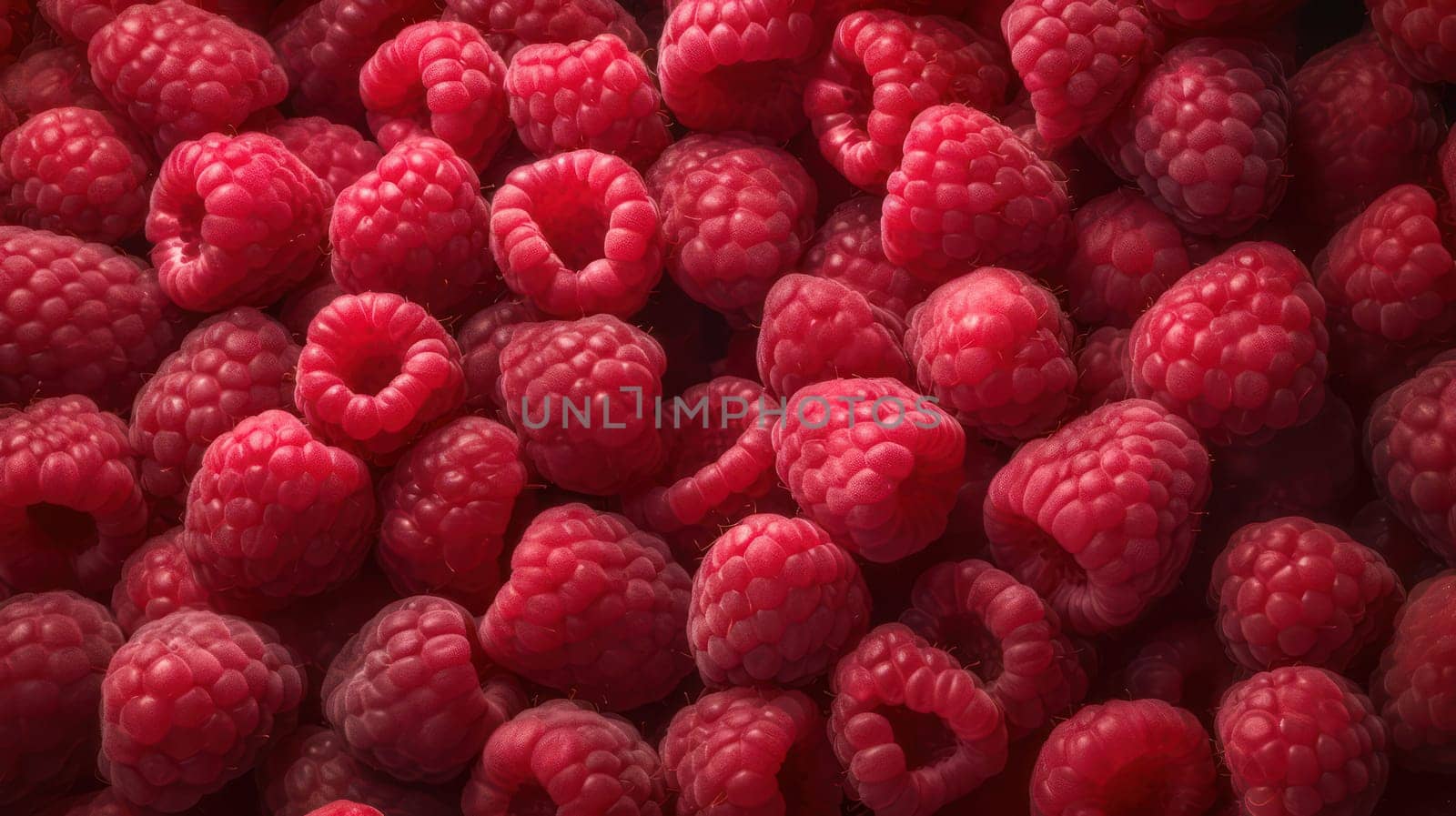 A mouth-watering photograph of fresh raspberries piled high on a seamless background, shot using a Hasselblad camera with ISO 100. The image features highly detailed raspberries with glistening droplets of water and soft shadows, professionally color-graded with clean sharp focus and high-end retouching. Perfect for food magazine photography, advertising, and commercial use.