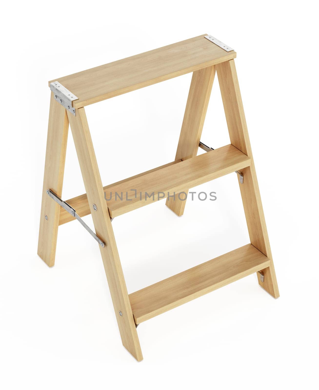 Wooden three step folding ladder. 3D illustration.