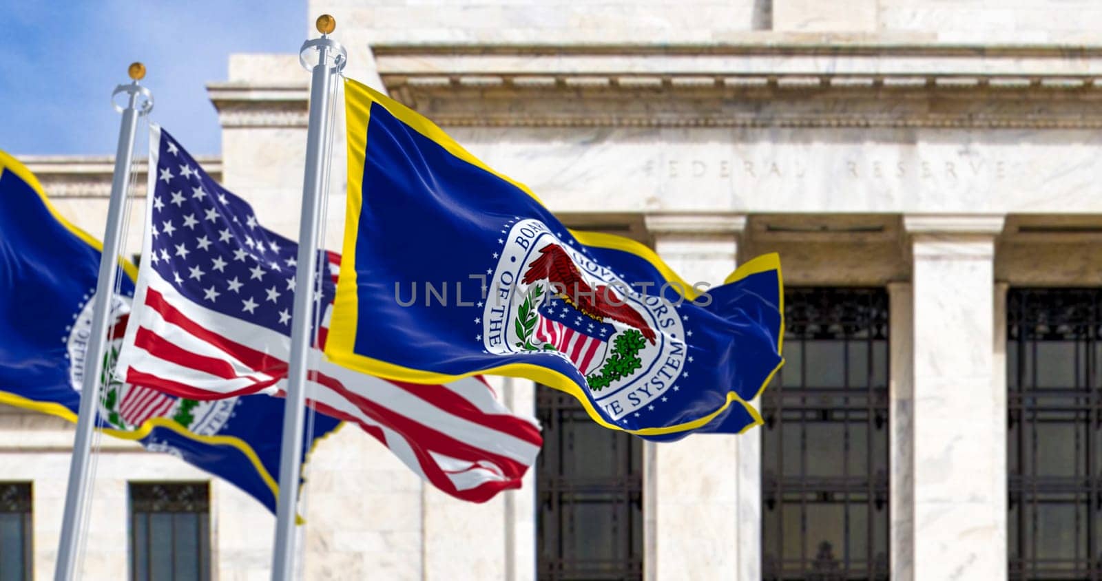 Washington, US, March 2023: flags of the Federal Reserve and the United States waving with the Eccles Building in the background. Illustrative editorial 3d illustration render.