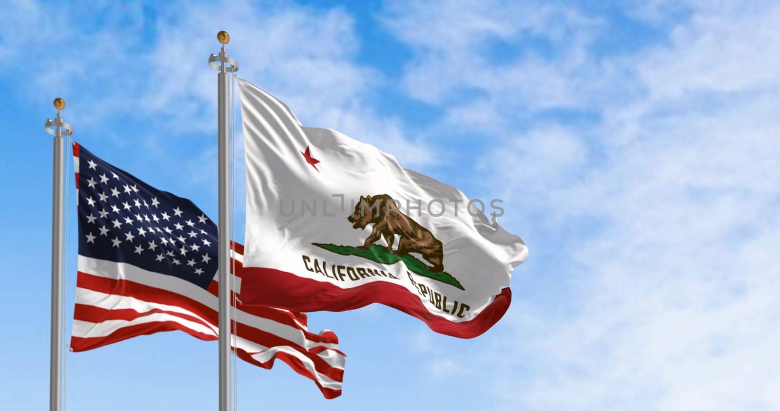 The California Republic state flag waving along with the national flag of the United States of America on a clear day. 3D illustration render. Rippled textile