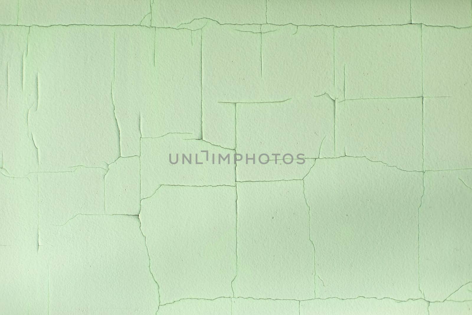 Cracks in paint. Old paint on wall. Fine mesh of cracks on surface. Green background.