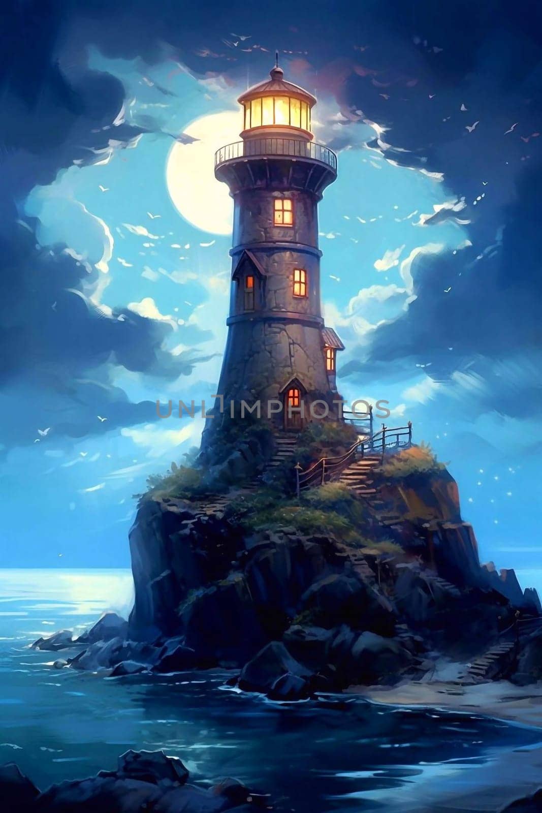 An old coastal lighthouse on a rock. A lighthouse against a dark blue sky and moon. Illustration AI.