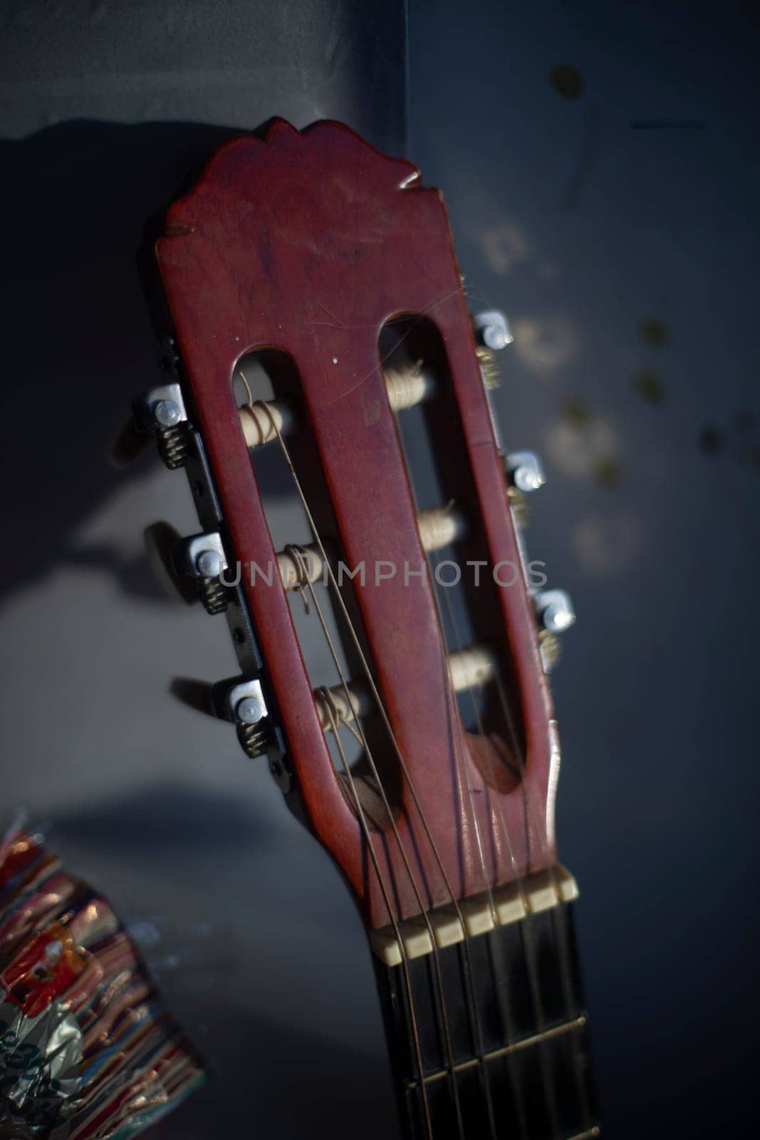 Guitar vulture. Musical instrument. strings on acoustic guitar. String tensioning taps.