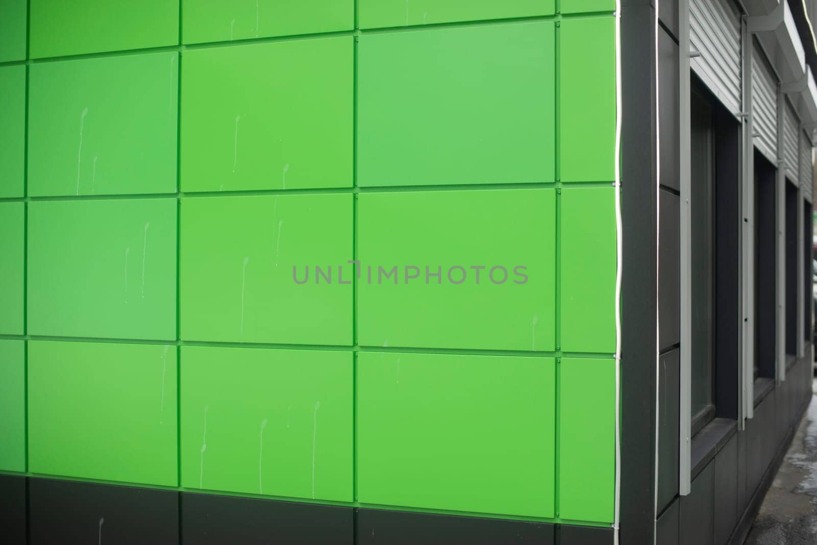 Green building. One-storey office. Paneling. Architecture details.