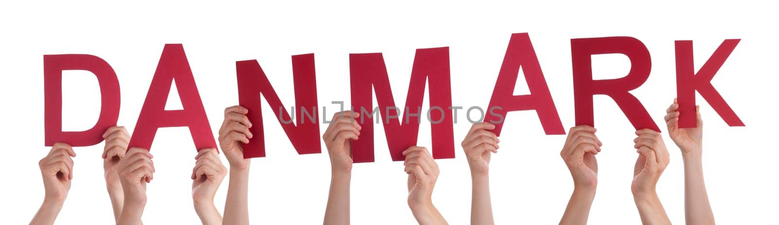 People Or Persons Hands Building Danish Word Danmark Means Denmark. Isolated White Background.