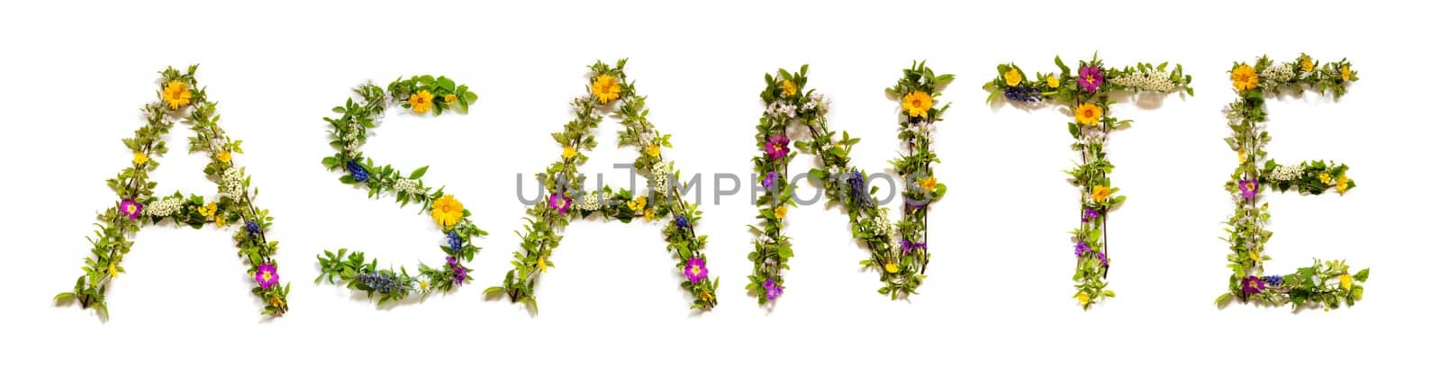 Colorful Flowers Building Swahili Text Asante, Means Thank You in English, Some Green And Some Spring Flowers on Isolated White Background, Symbolic Meaning, Quote
