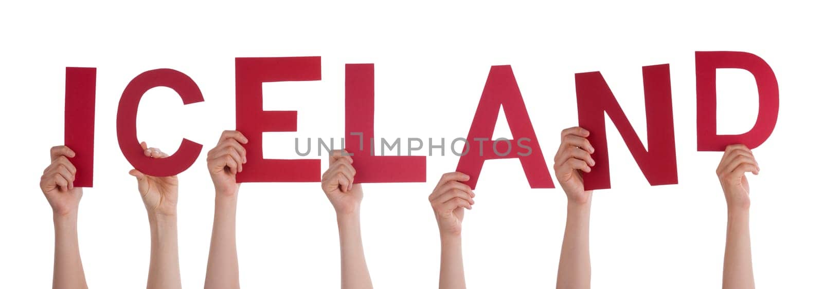 People Or Persons Hands Building English Word Iceland. Isolated White Background.