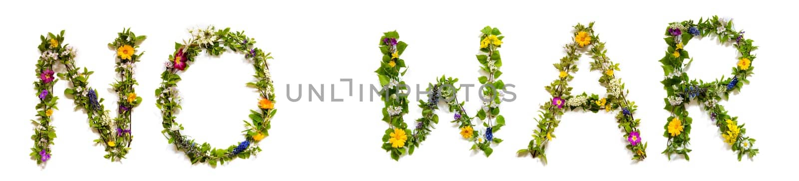 Colorful Flowers Building English Text No War, Some Green And Some Spring Flowers on Isolated White Background, Symbolic Meaning, Quote