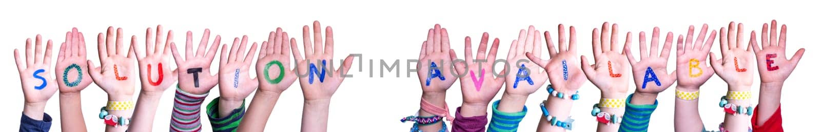 Children Hands Building Colorful English Word Solution Available. White Isolated Background