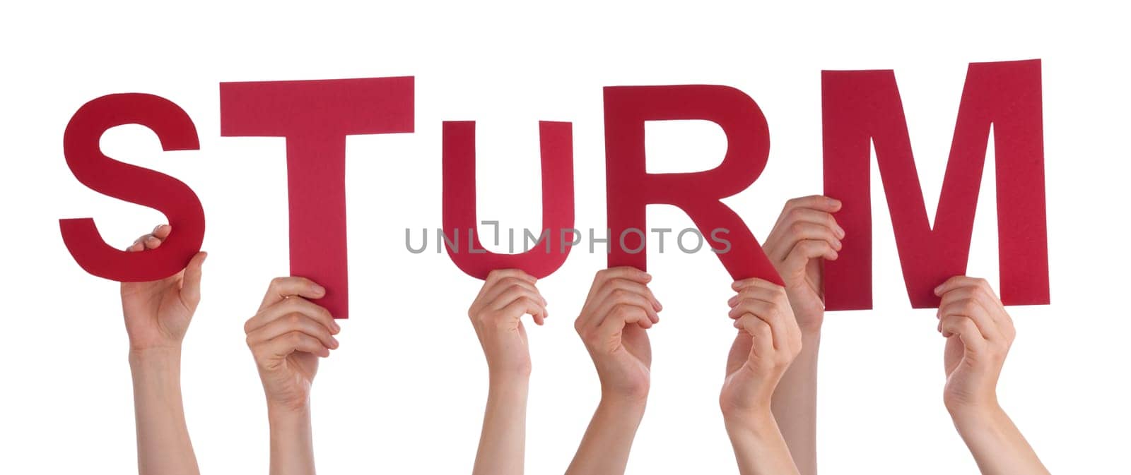 People Or Persons Hands Building German Word Sturm Means Storm. Isolated White Background.