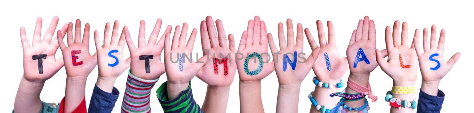 Children Hands Building Colorful English Word Testimonials. Isolated White Background.