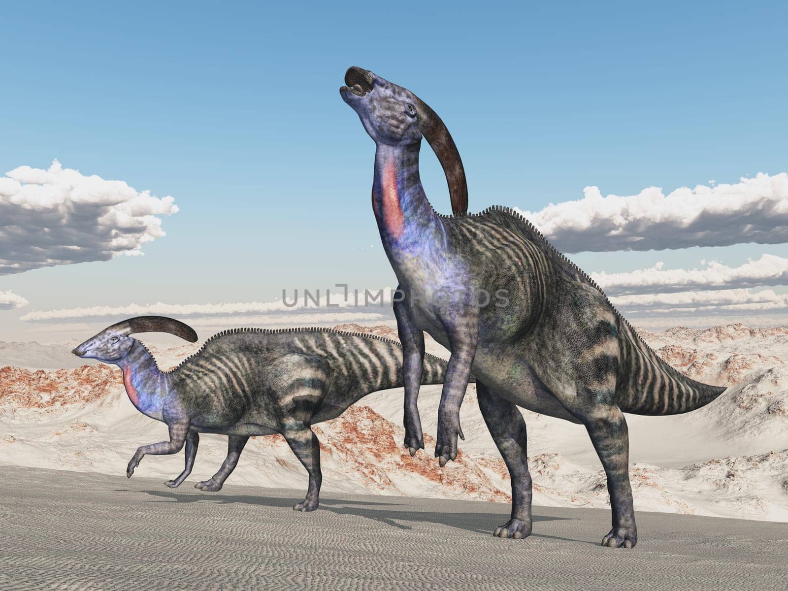 Computer generated 3D illustration with the dinosaur Parasaurolophus in a desert landscape